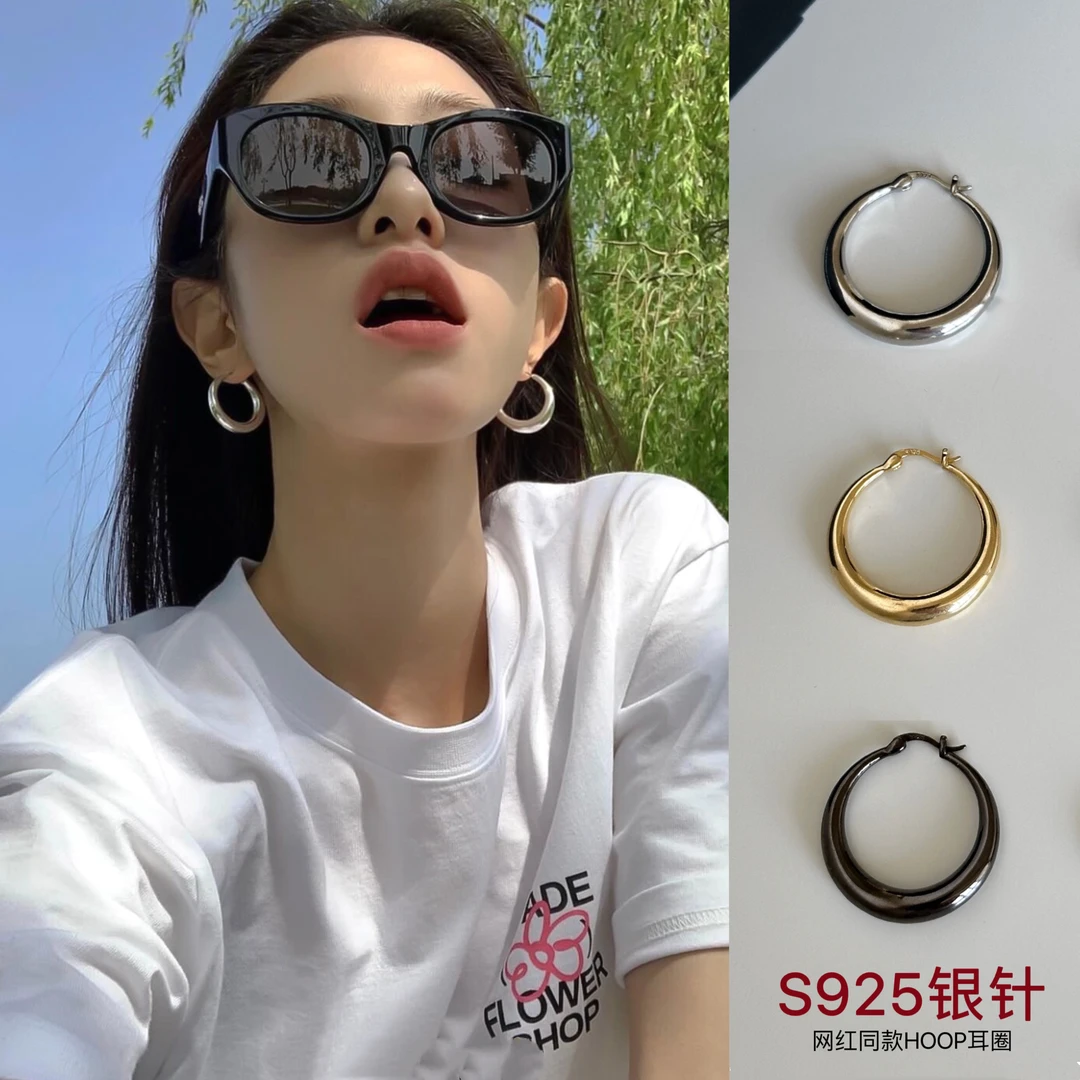 铜合金耳饰 925银针素圈耳环小众设计感高级耳钉耳圈大圆圈耳饰