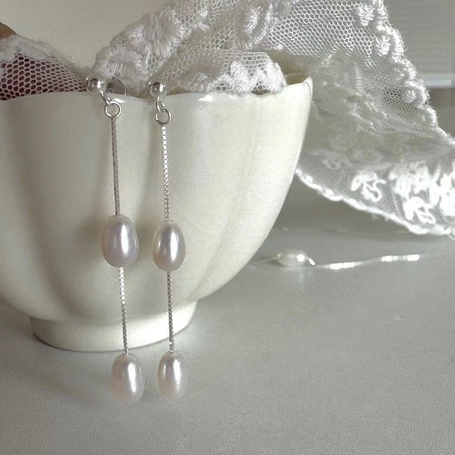 非金属耳饰 天然ins耳线S925纯银手工流苏珠耳饰简约