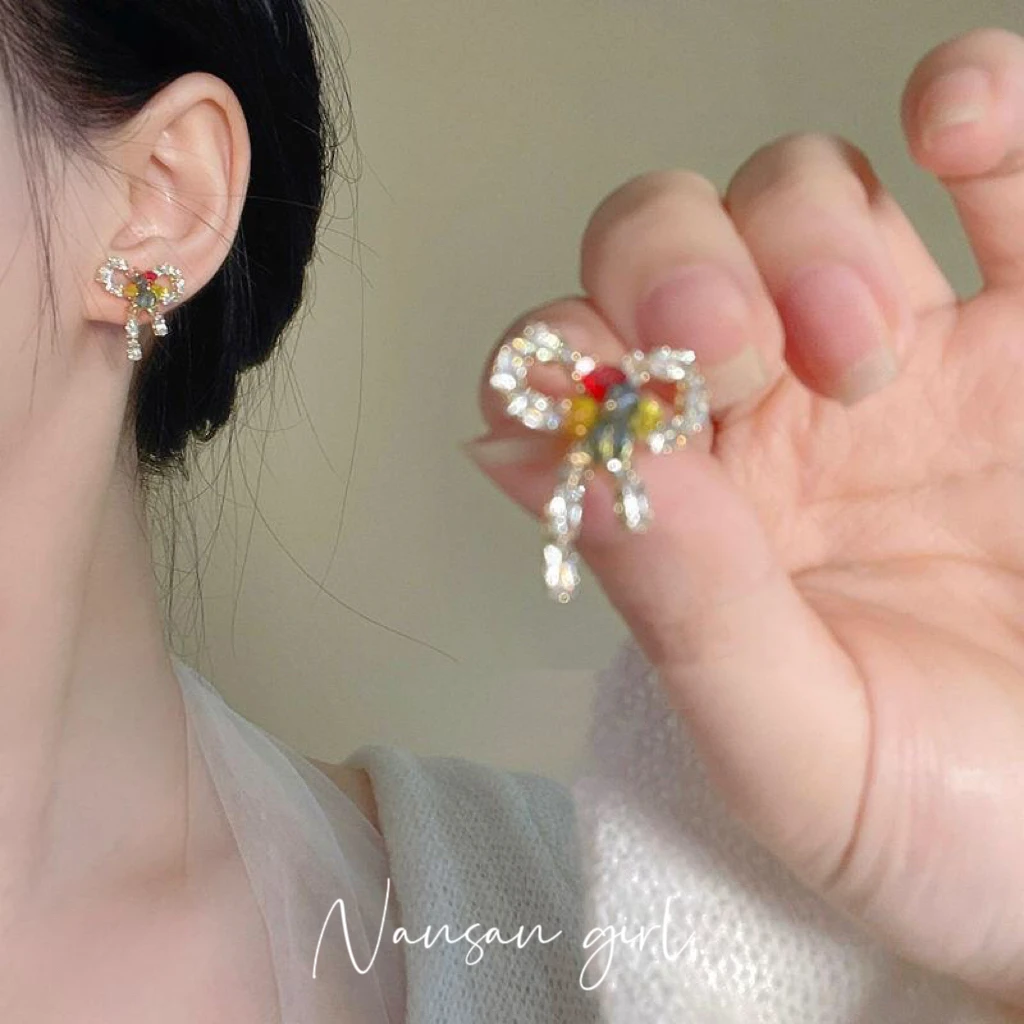 铜合金锆石耳饰 925银针夏日小巧彩色可爱串珠甜美蝴蝶结耳钉耳环