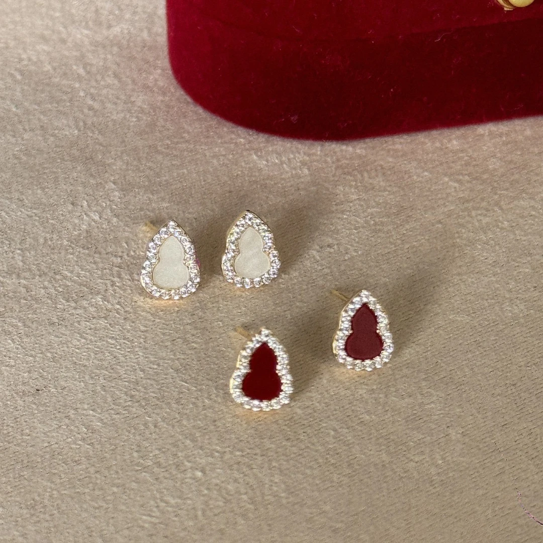 铜合金锆石耳饰 红色mini小葫芦系列新中式国风耳钉复古锆石耳饰