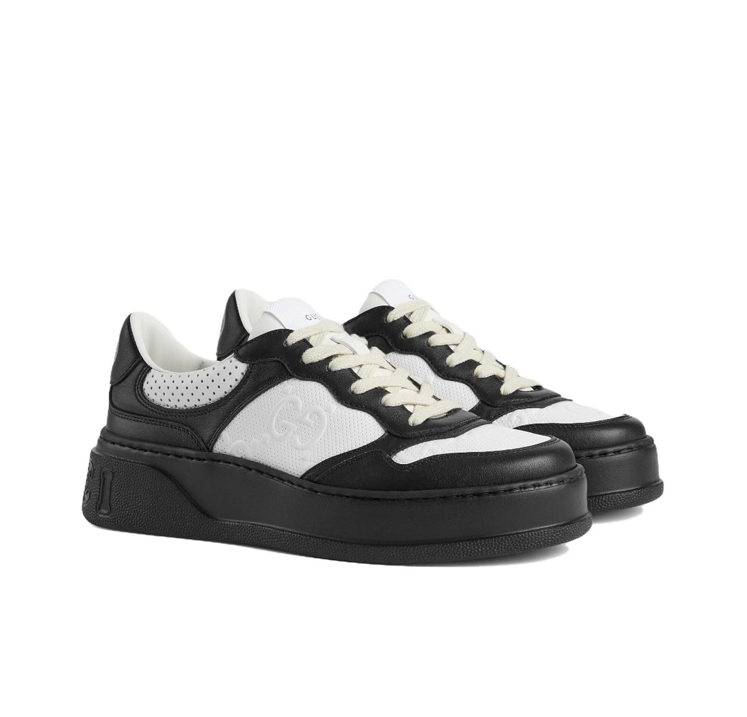 全新未使用 GUCCI/古驰 黑白双G低帮平底运动鞋复古厚底鞋潮流