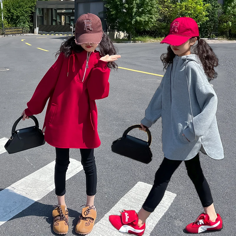 【小红】女童卫衣2025新款春装洋气女孩加绒加厚连帽中长款上衣