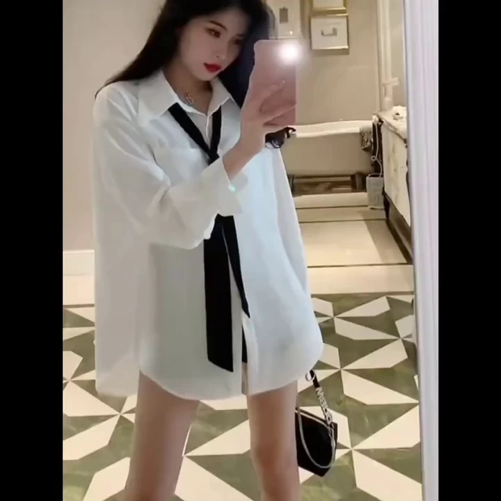 领带白色长袖衬衫女春夏新款设计感小众雪纺宽松垂感薄款防嗮衬衣