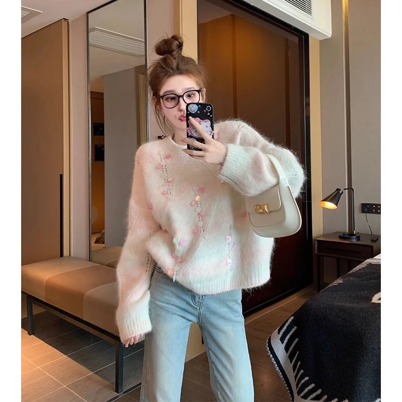 时尚亮片圆领毛衣女秋冬季加厚甜美减龄软糯慵懒风内搭针织打底衫