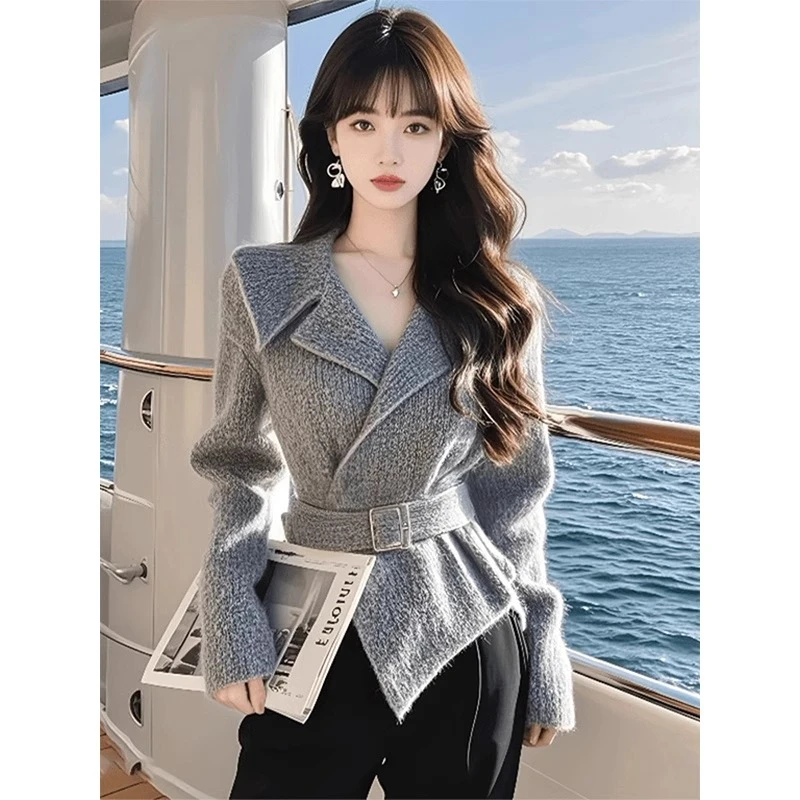 高端精致小香风灰色外套女装秋冬新款时尚独特超好看收腰加厚毛衣