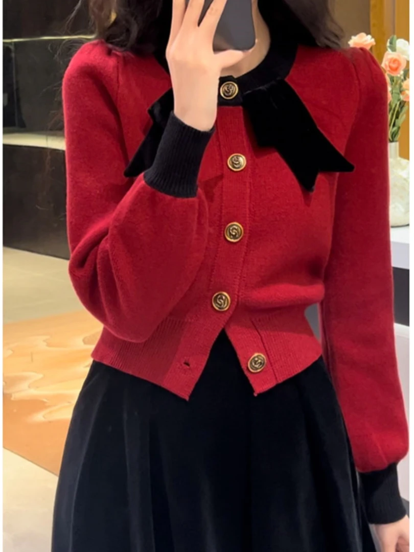 法式红色蝴蝶结领带毛衣开衫女春复古气质小香风泡泡袖长袖针织衫