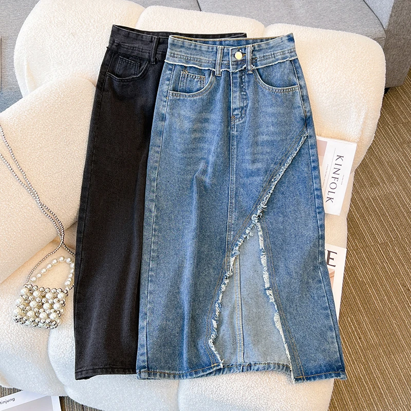 复古牛仔半身裙女夏装2025新款设计感高腰显瘦毛边开叉中长款裙子