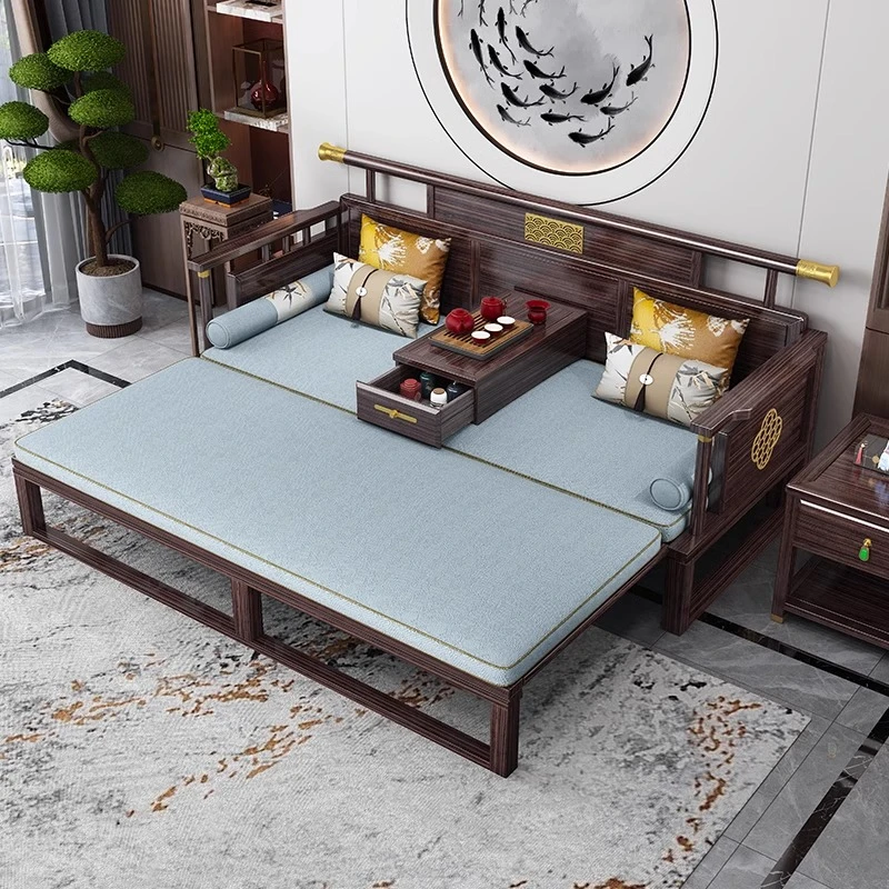 乌金木罗汉床新中式实木沙发床客厅禅意别墅家具带抽拉床木质工艺