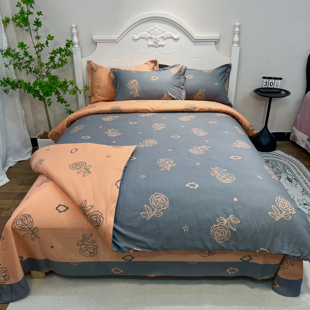 【织绣阁】100%全棉铂金长绒棉纯棉套件四季款印花荷叶圆角边斜纹棉