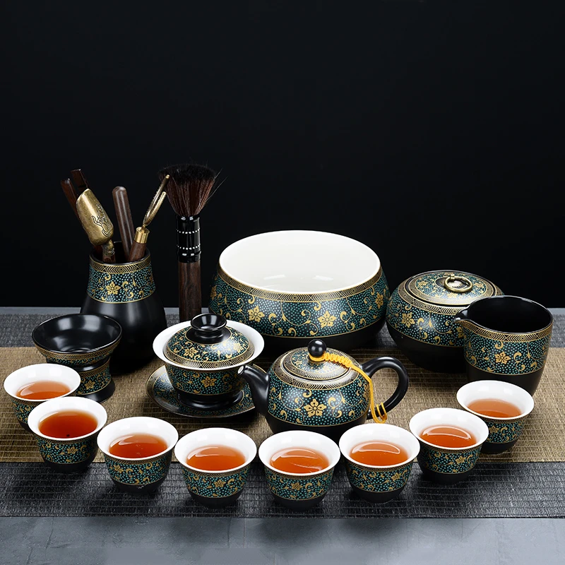 黑亚光古韵功夫茶具套装紫藤花语懒人石磨壶茶杯中国风简约陶瓷