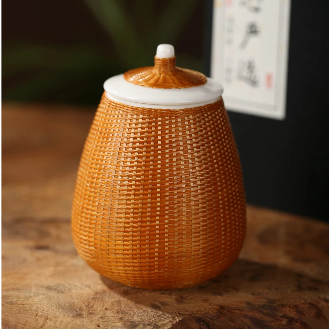 竹丝精编白瓷茶叶罐   纯手工茶叶罐手工陶瓷禅意编织茶道具家用