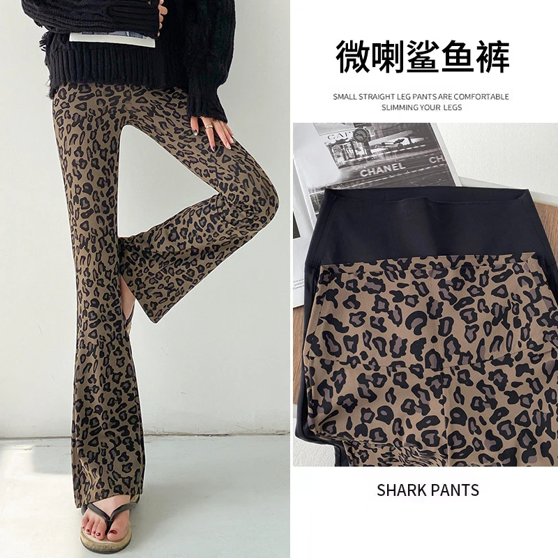 弹力喇叭裤裤子女微喇新款春夏薄款高腰豹纹拖地垂感阔腿鲨鱼裤