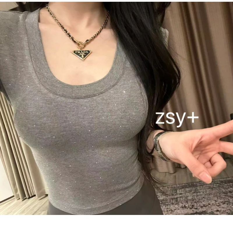 【张舒雅】时尚简约百搭重工弹力软糯满钻u领纯欲上衣DY#24113