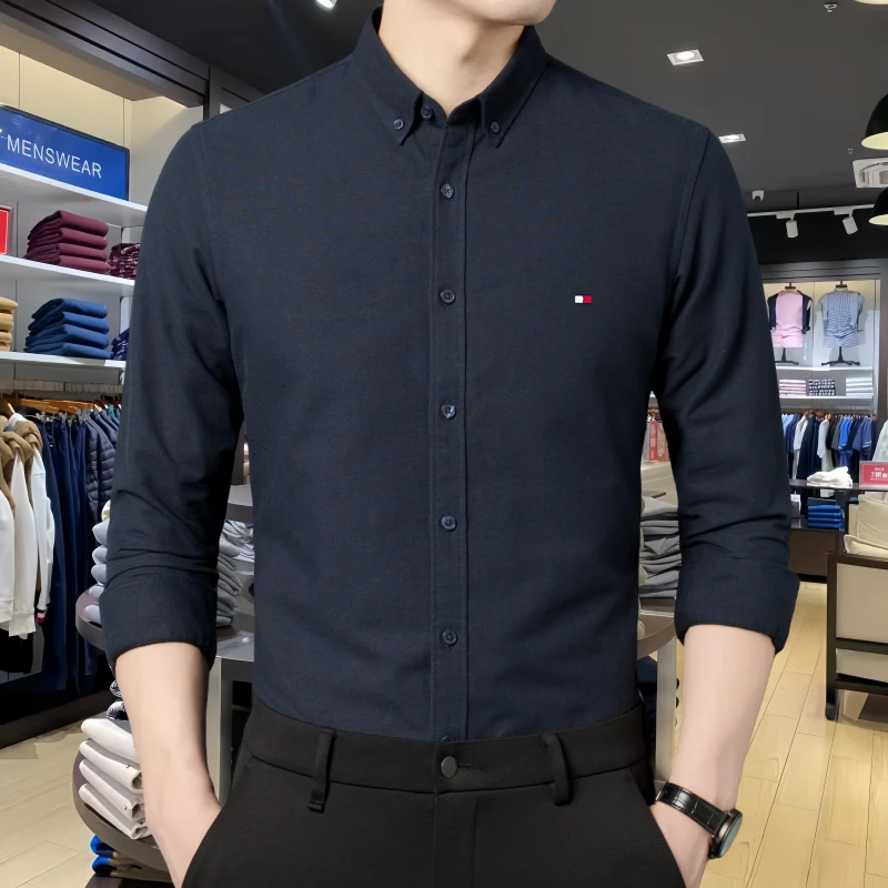 Tommy汤米秋季休闲长袖衬衫男士纯色刺绣中年商务休闲牛津纺衬衣