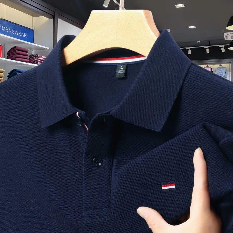 Tommy汤米秋季100%纯棉POLO衫长袖中年商务休闲纯色男士翻领T恤衫