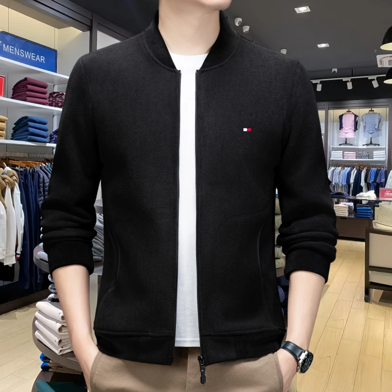 tommy汤米秋冬摇粒绒棒球领夹克外套加厚保暖时尚休闲抓绒开衫男