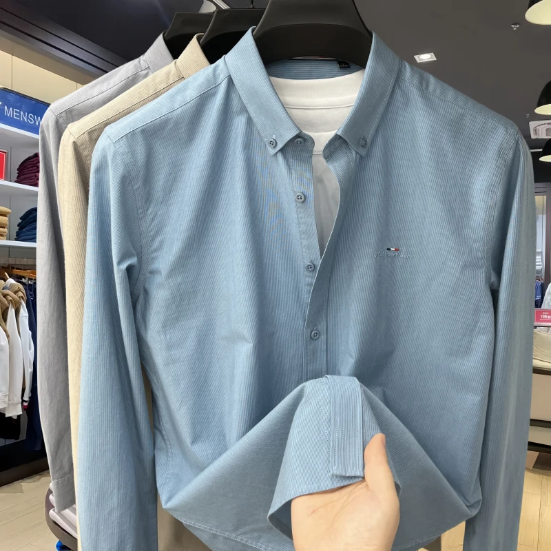 tommy汤米2024新款春秋长袖衬衫男士商务休闲纯色刺绣棉质衬衣男