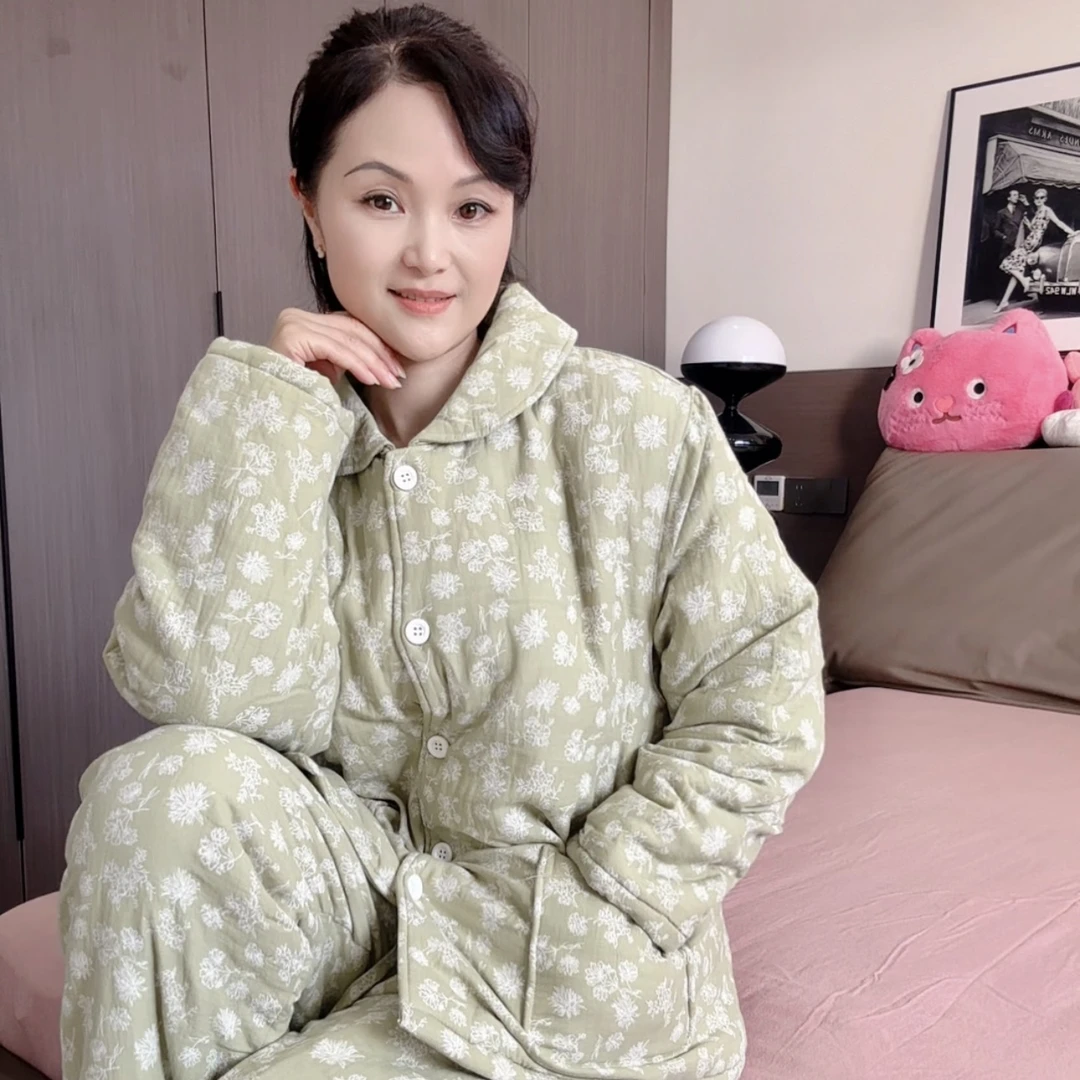 『棉服』冬季全棉双层纱色织提花加厚长袖睡衣家居服保暖宽松柔软