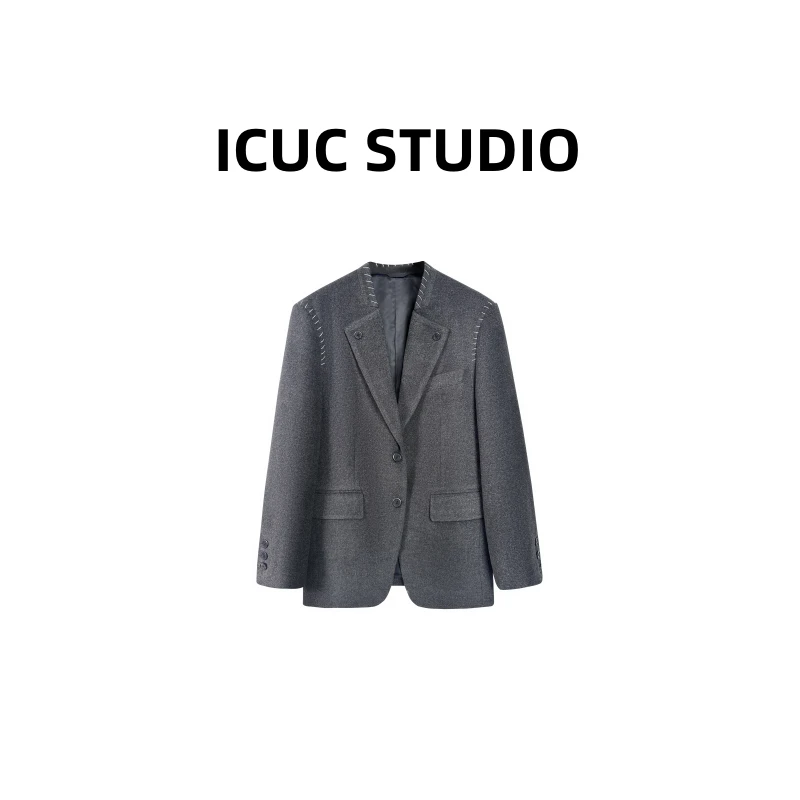 ICUC定制-【设计感明线毛呢西装外套】早春新款宽松显瘦外套2017