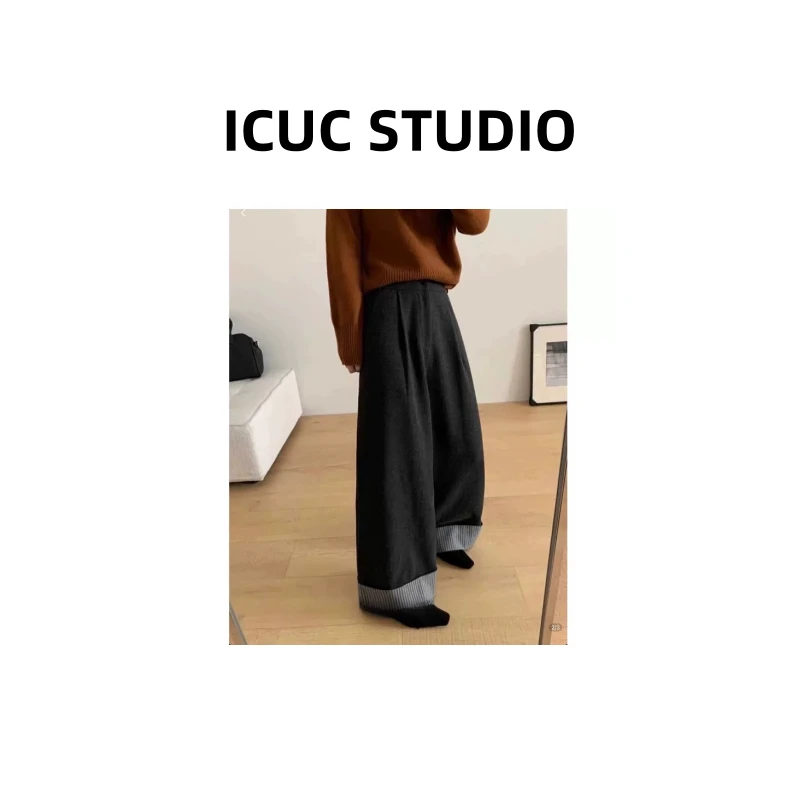 ICUC定制-【韩系条纹翻边直筒毛呢裤】冬季新款百搭休闲裤1160