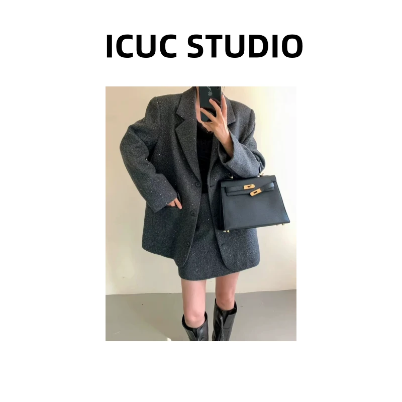ICUC定制-【星空毛呢西装短裙两件套】冬季新款设计师款宽松套装973