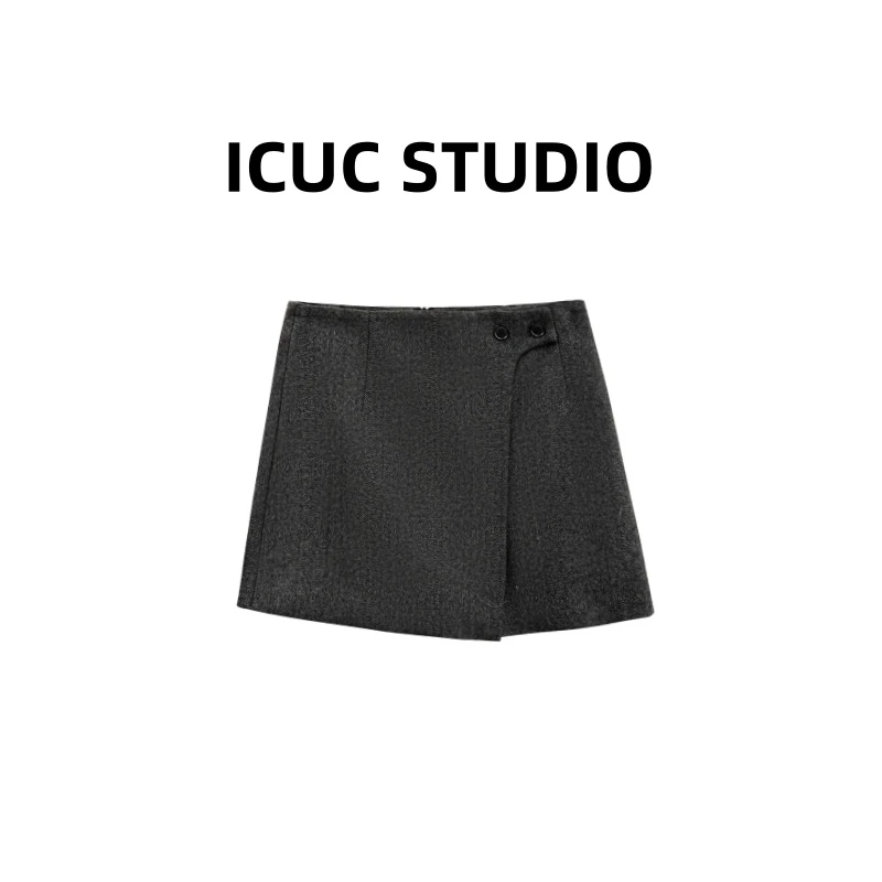 ICUC定制-【双纽扣不规则毛呢半身裙】冬季新款显瘦A字裤裙5226