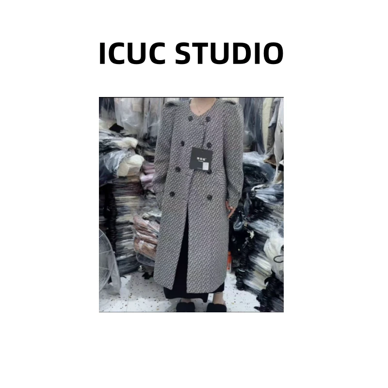 ICUC定制-【法式泡泡肩条纹毛呢外套】秋冬新款宽松垫肩显瘦外套559