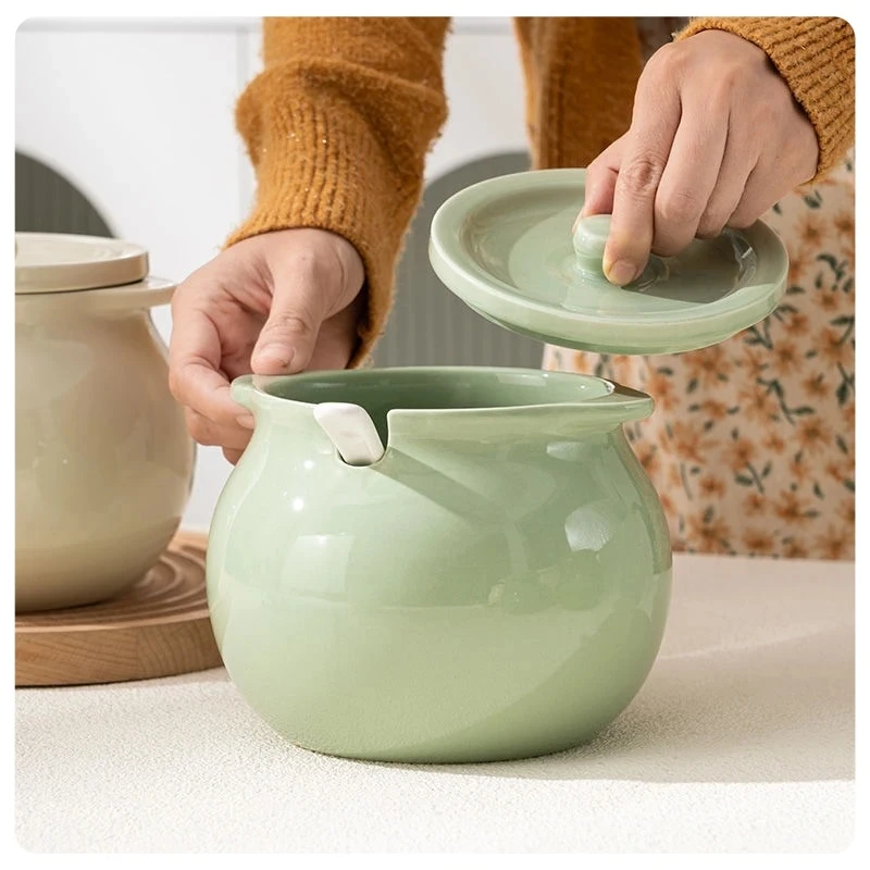 【送勺子】陶瓷家用猪油罐耐高温油带盖大容量辣椒罐子厨房储油罐