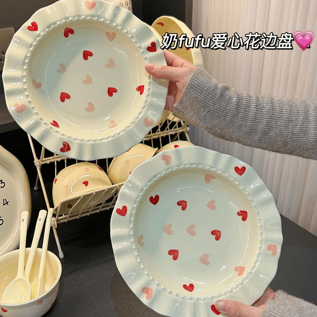 奶fufu爱心家用陶瓷盘耐高温深盘装菜盘奶油风釉下彩餐具草帽盘