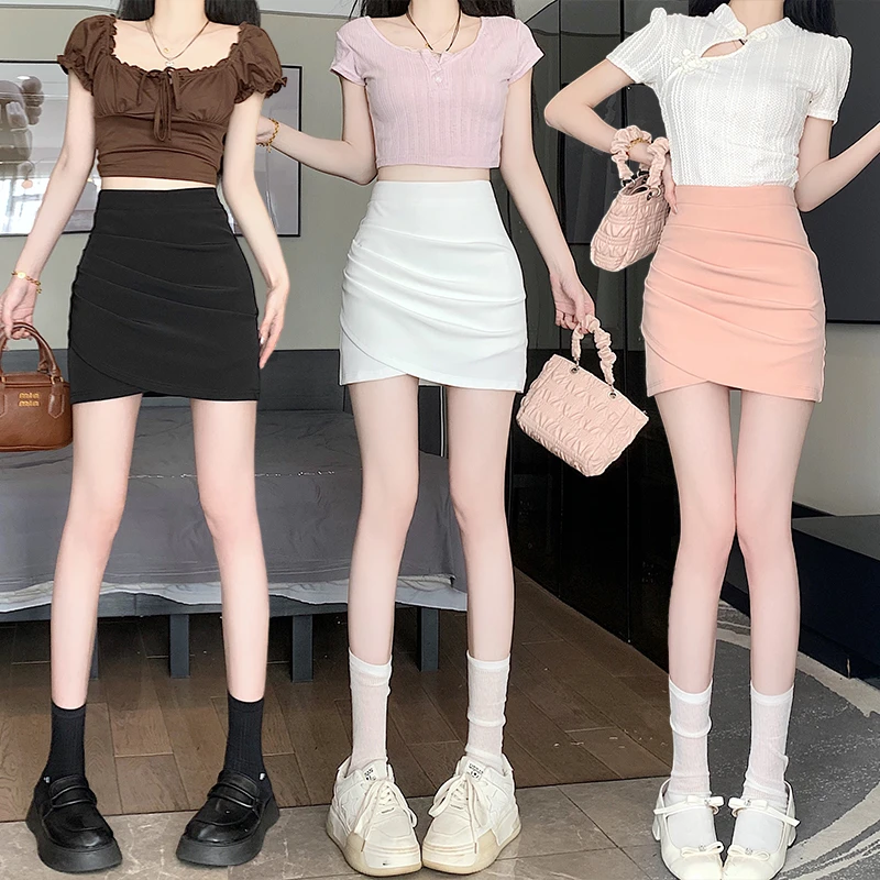 2330西装料半身裙2024春夏新款高腰褶皱百搭显瘦包臀裙A字裙