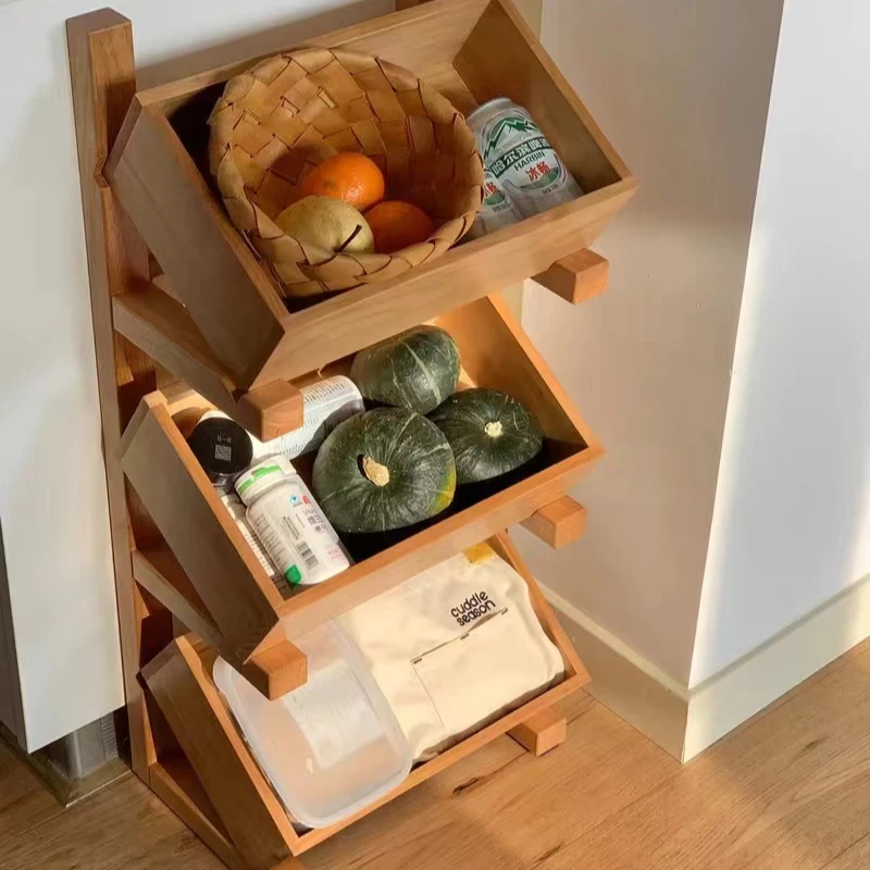 中古风落地置物架 多层架 客厅装饰水果收纳篮手工实木