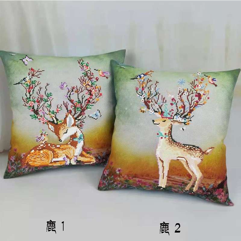 新款印花十字绣抱枕自己秀简单车里放的鹿情侣卡通手工可爱靠垫