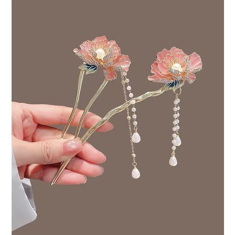 国风高档牡丹花发簪女新款步摇流苏盘发簪子U型发卡新中式发钗子