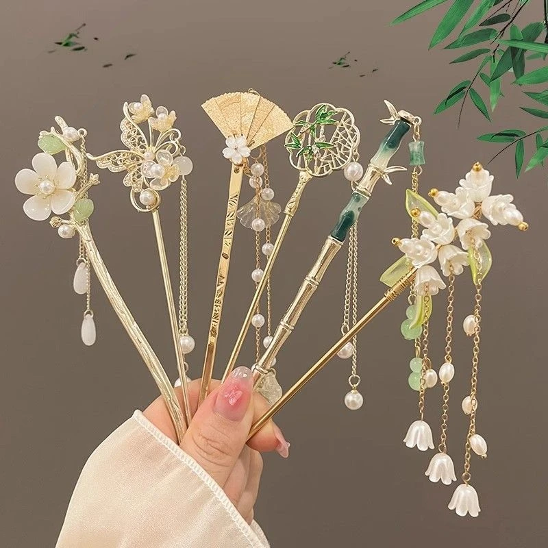 汉服头饰女儿童中国风女童盘头发发簪子古装头饰步摇花朵流苏发钗