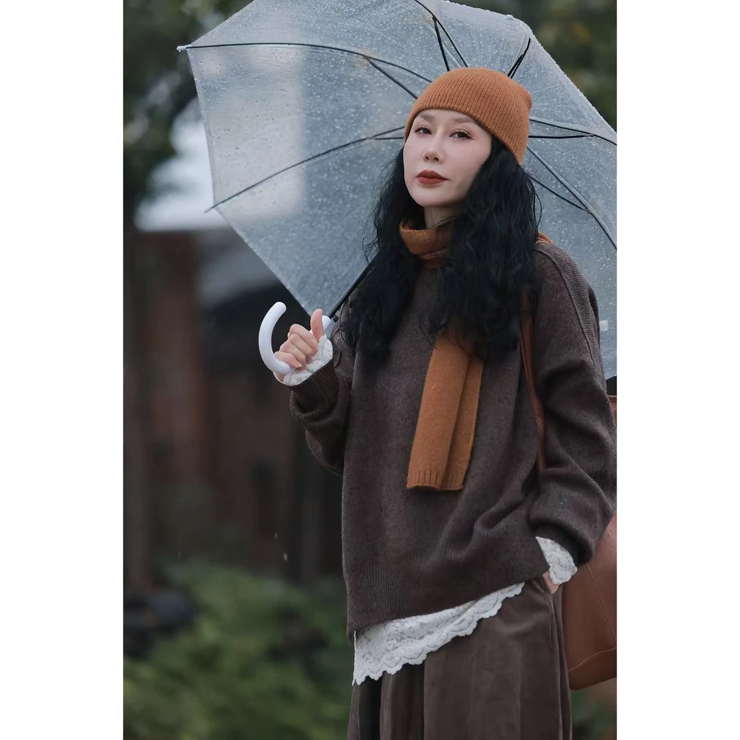 【那尚新品】设计感慵懒宽松翻领开叉毛衣