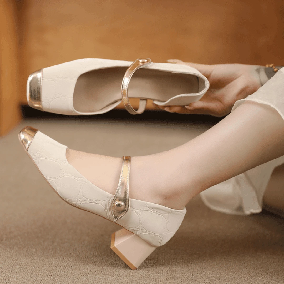 SHAOER【粉丝专属】侧空裂纹面粗跟玛丽珍鞋法式一字带方头单鞋女