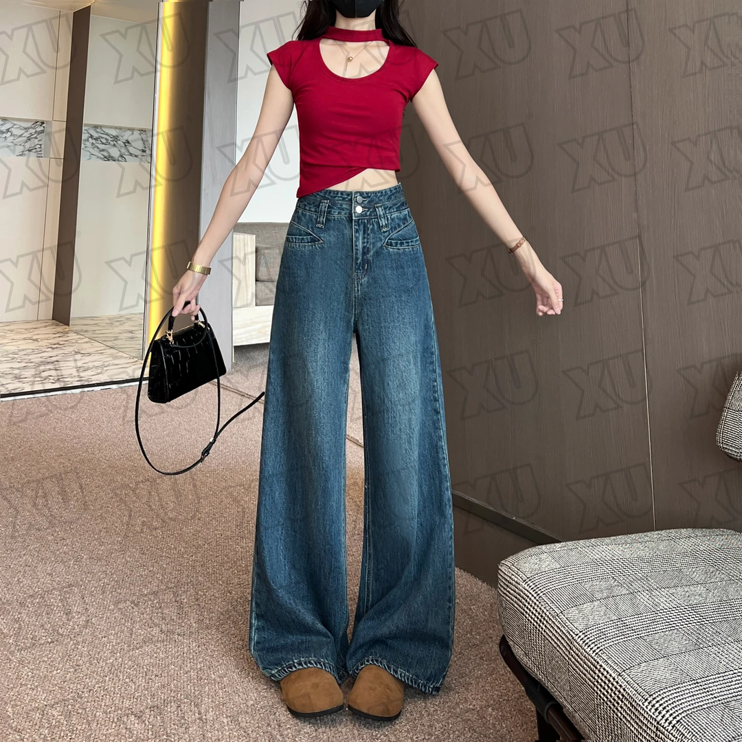 7288 GY复古口袋设计阔腿牛仔裤女秋新款高腰显瘦百搭直筒拖地裤