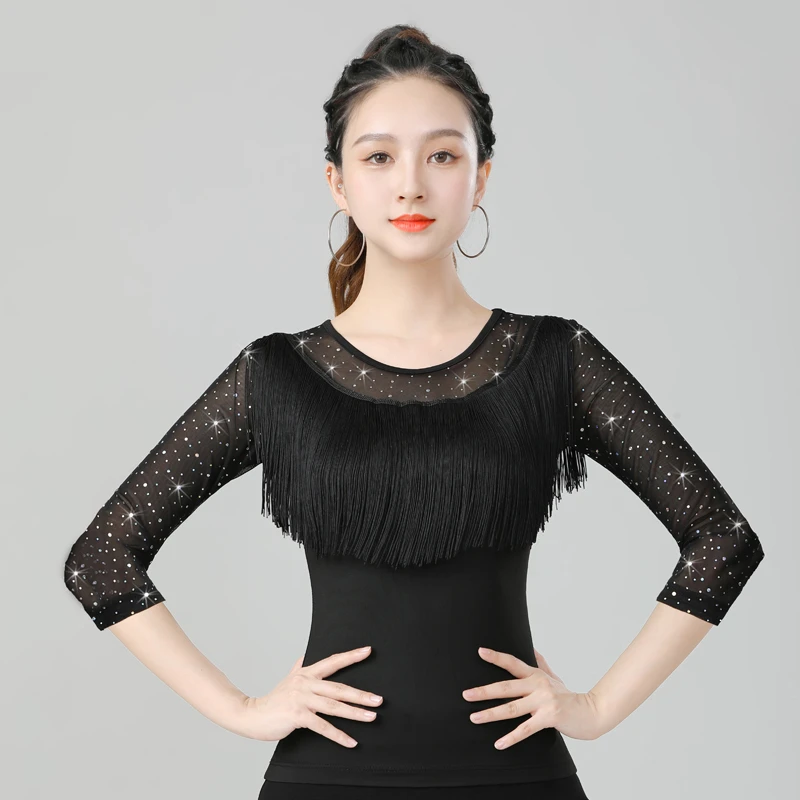 国标拉丁舞服成年女舞衣新款摩登舞亮片流苏练功跳吉特巴舞蹈上装