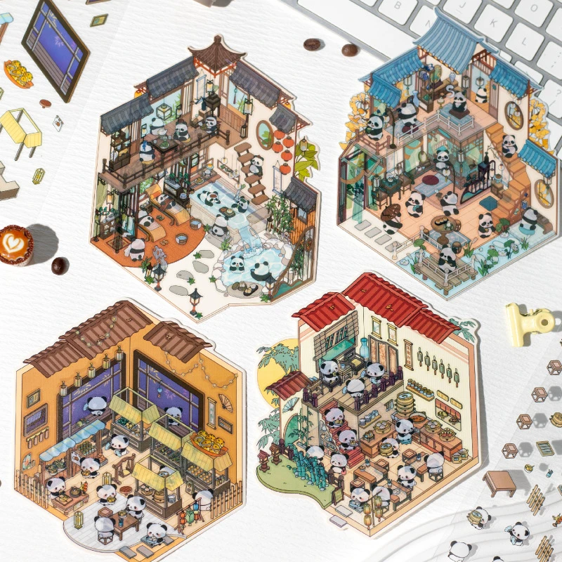 暮光3.0 国风熊猫立体屋系列微缩场景造景贴纸视觉3D小屋手账贴