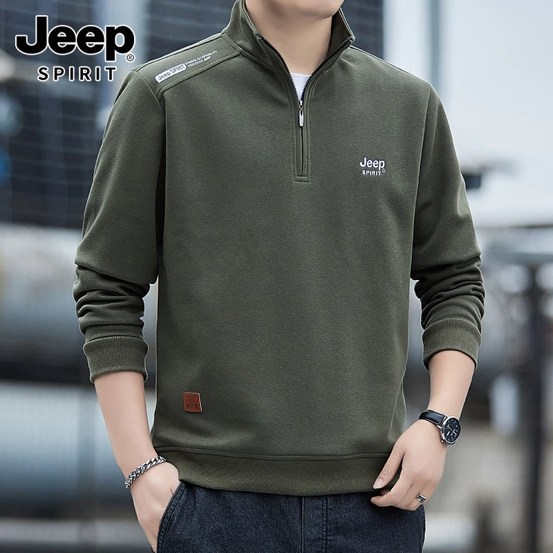 JEEPSPIRIT2024新款吉普男士春秋季卫衣半拉链套头翻领卫衣中年