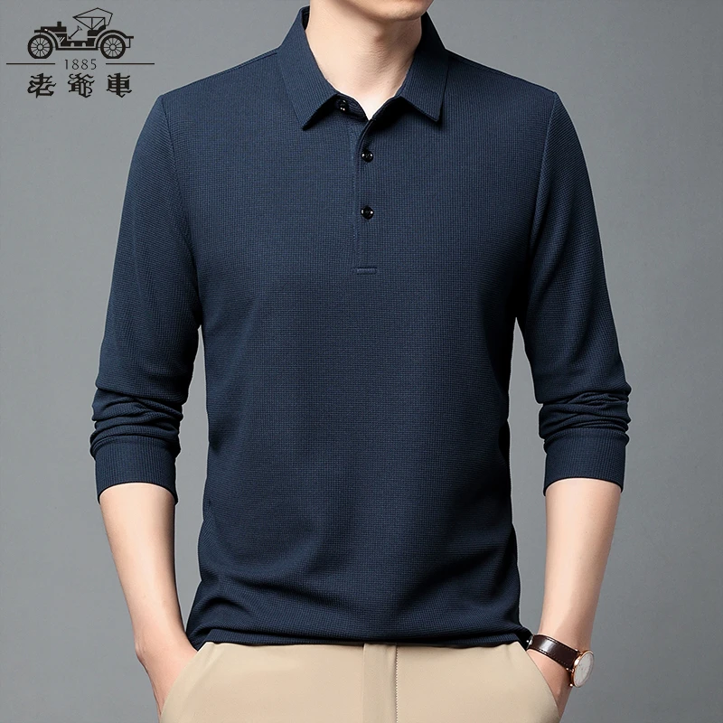 LAOYECHE/老爷车男士长袖商务华夫格纯色POLO衫上衣休闲秋季翻领
