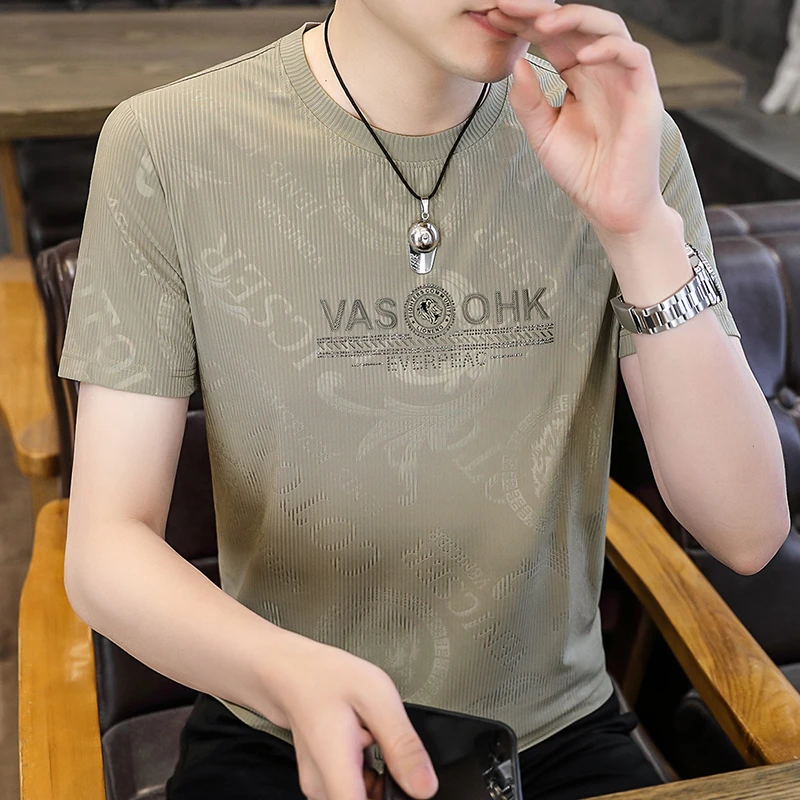 夏季新款男士冰丝短袖t恤修身时尚圆领提花半袖上衣凉爽薄款百搭