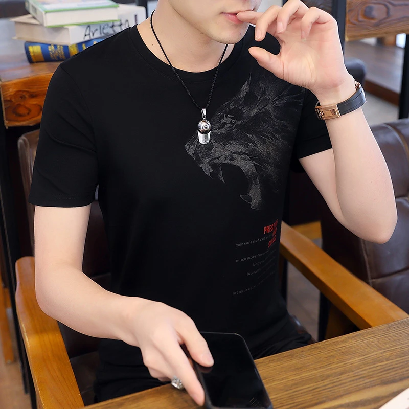 冰丝短袖t恤男士夏季新款休闲宽松青年时尚虎头印花圆领半袖上衣