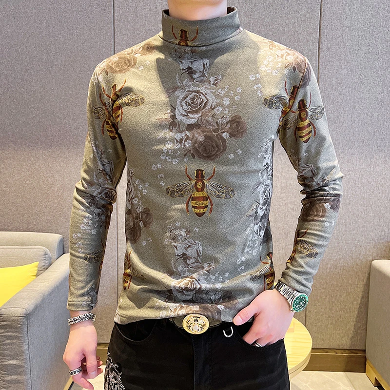 秋冬季新款男士半高领打底衫双面绒保暖长袖t恤男装德绒花上衣
