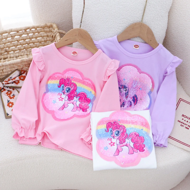 女童春秋装新款长袖T恤打底衫变色亮片上衣小马儿童长袖