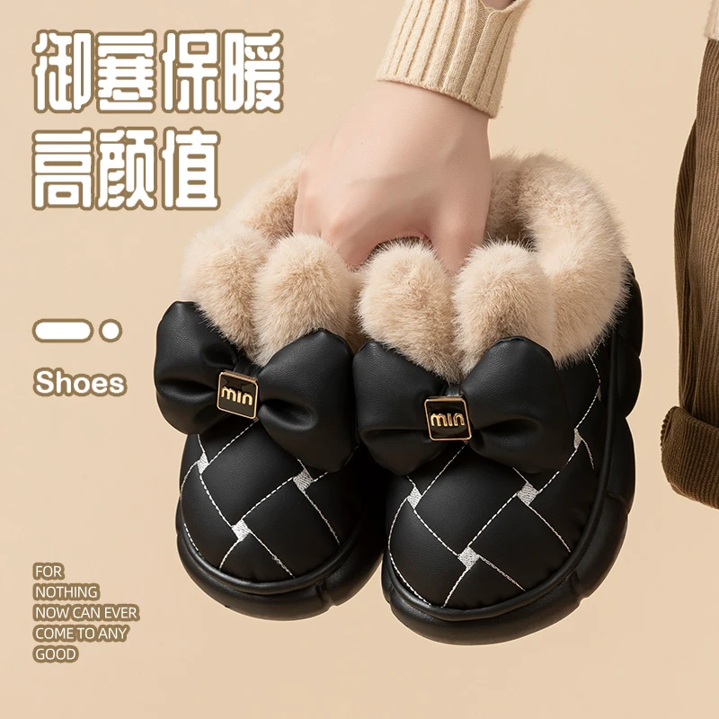 洋山公羊亲子款蝴蝶结防水棉拖鞋女居家家防滑加绒秋冬季保暖棉鞋
