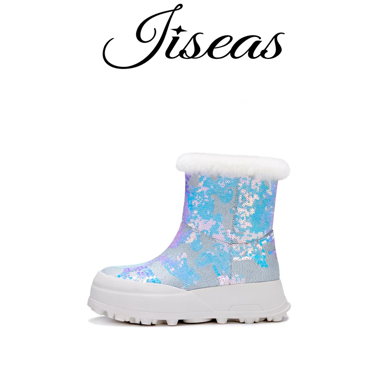 JISEAS冬季羊皮毛一体亮片雪地靴厚底增高显瘦现13D1092