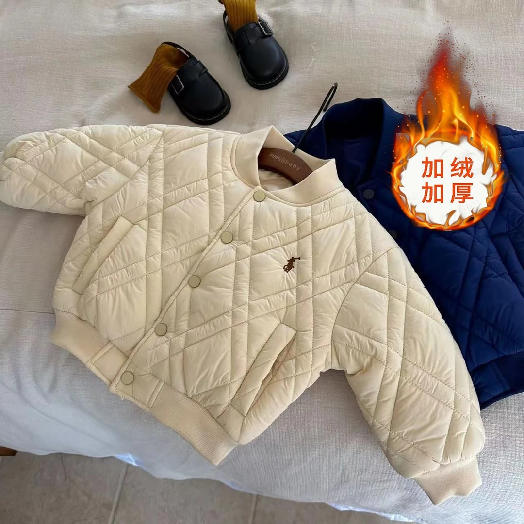 儿童韩国加绒童装2023冬新男女童刺绣加厚棉服宝宝夹棉外套棒球服