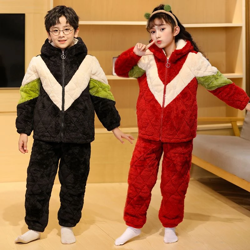 儿童睡衣男童冬季加绒加厚特厚三层夹棉中大童女孩家居服外穿套装