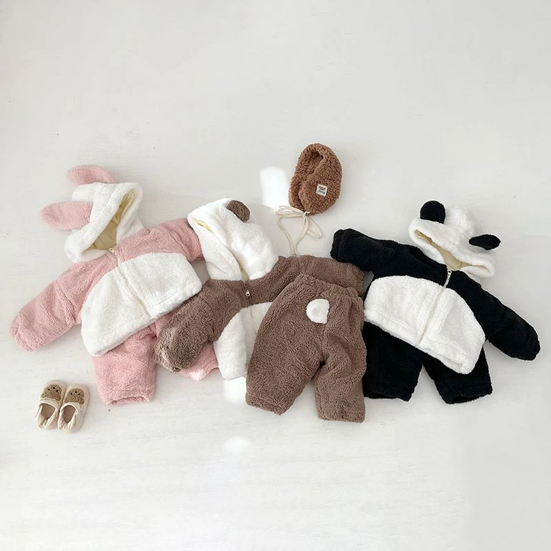 婴幼儿童保暖套装冬季二件套宝宝加绒加厚羊羔绒连帽毛毛衣套装冬